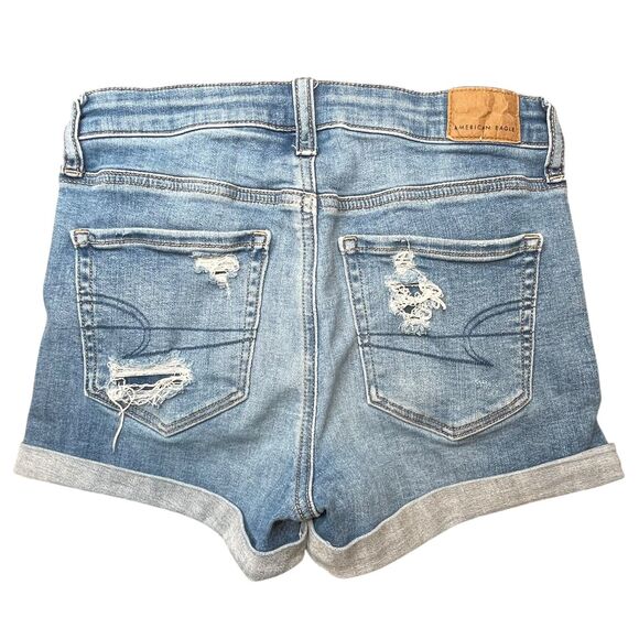 American Eagle Hi-Rise Shortie Distressed Denim Shorts Size 0 Next Level Stretch - Picture 2 of 9